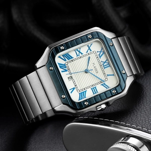 Men's square quartz watch with blue bezel and silver stainless steel strap on black leather