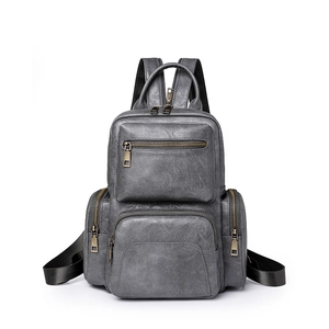 Vintage dark grey PU leather backpack with gold zippers and multiple front pockets