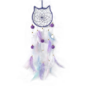 Purple owl-shaped dreamcatcher with handmade feathers and plush pom-poms for room decor