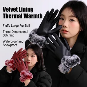 Women's Winter PU Leather Gloves Warm Fleece Lined Quilted Gloves With Faux Fur Trim Touchscreen Cold Weather Mittens