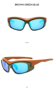 Front and side views of Y2K sports sunglasses with brown green frame and blue lenses