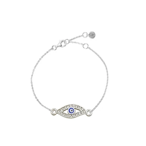 Close-up of silver Evil Eye bracelet with blue enamel and sparkling crystals on white background