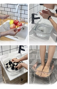 Four scenes showing transparent square plastic washbasin for fruit, face and laundry