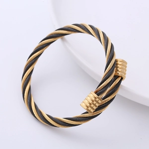 Classic minimalist stainless steel cable twist open bracelet in black and gold finish
