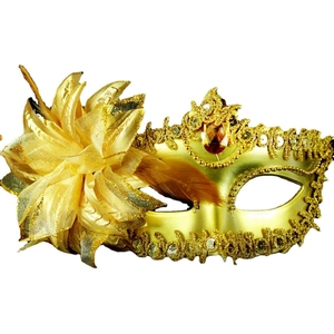 Elegant gold masquerade mask with silk flowers and brown feathers on white background