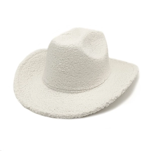 Chapeau de cowboy beige en laine d'agneau à bord large pour femme couvre-chef d'hiver chic