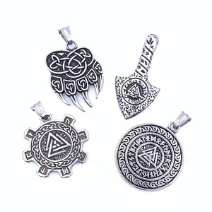 Viking Pendant Necklace Stainless Steel Celtic Knot Valknut Rune Bear Paw Arrowhead Retro Nordic Jewelry For Men