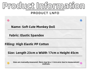 Detailed size chart and material specifications for the soft monkey plush toy