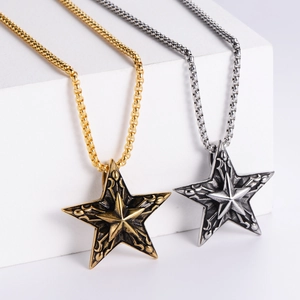 Retro punk 304 stainless steel pentagram star pendant necklace in gold and antique silver