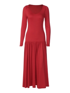 Elegant red V-neck long sleeve dress with slimming waist and pleated midi skirt
