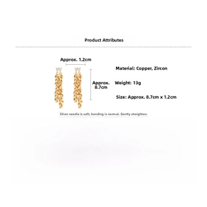 Macro detail of gold leaf tassel earrings with cubic zirconia, length 8.7cm and weight 13g