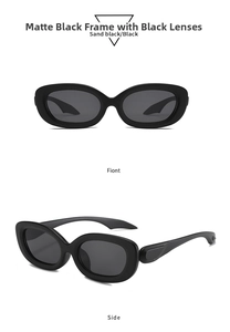 Detail view of retro oval sunglasses in sand black with sleek wide temple design