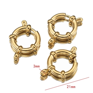 Macro detail of golden 21mm stainless steel spring clasp showing dimensions for DIY jewelry
