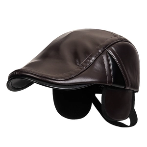 Men's Winter Warm PU Leather Newsboy Cap With Foldable Earmuffs Patchwork Ivy Hat For Middle-aged Elderly Men Windproof Outdoor Flat Cap