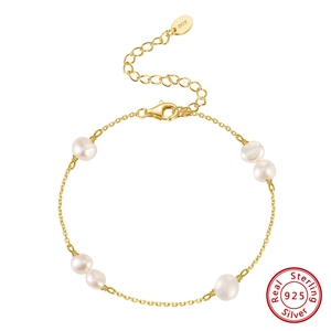 Minimalist 14K gold plated 925 sterling silver bracelet with natural freshwater pearls