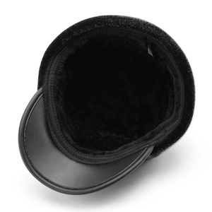Men's winter flat cap with warm black faux fur lining and leather brim in size 58