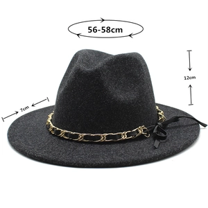 Detail of wool fedora with gold chain and dimensions 56-58cm, 12cm height, 7cm brim