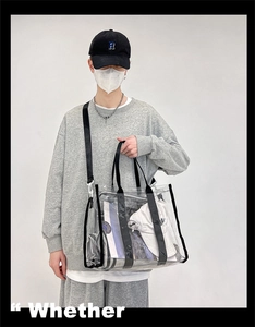 Clear PVC tote bag with black straps worn by a model in casual street style outfit