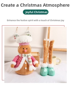 Close-up of telescopic gingerbread man with pink sequins and mint green plush boots
