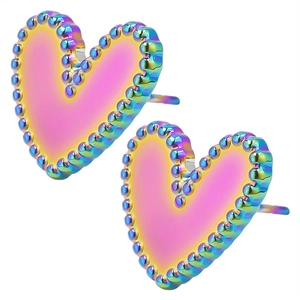 Macro detail of rainbow PVD stainless steel heart stud earrings with pink gradient finish