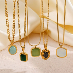 Gold stainless steel necklaces with various colorful natural stone pendants for women