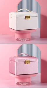 Three-layer jewelry box with rain pattern leather and vintage gold locking clasp
