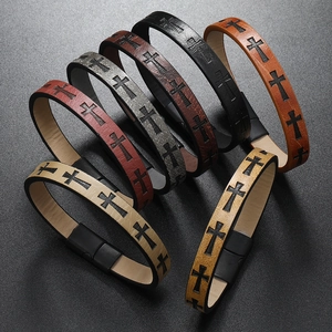 Men Vintage Cross Pattern PU Leather Bracelet With Alloy Magnetic Buckle Religious Punk Style Wristband Jewelry