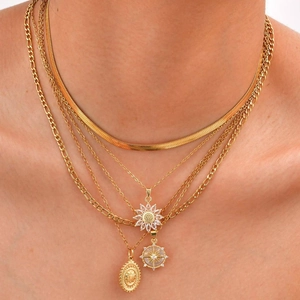 Layered 18K gold plated sun pendant necklace set with cubic zirconia stones