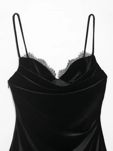 Detail of velvet dress with delicate lace neckline and high-quality invisible zipper
