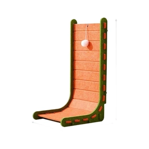 L-shaped vertical felt cat scratching post in orange and green with toy ball