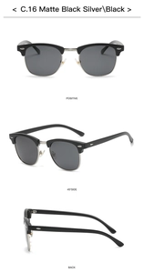 Detailansichten der matt-schwarzen, silbernen Halbrahmen-Polarisationsbrille mit Metallsteg
