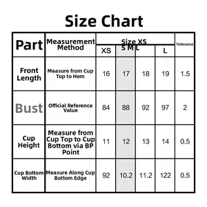 Detailed size chart for women's halter bikini top featuring XS to L measurements