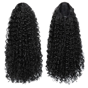 Black kinky curly drawstring ponytail hairpiece with dual views and inner net details