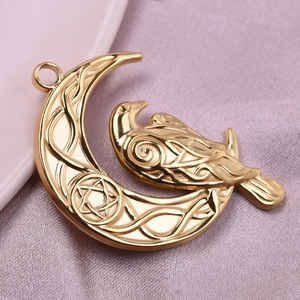 Golden 304 stainless steel crescent moon pendant with crow and pentagram detail