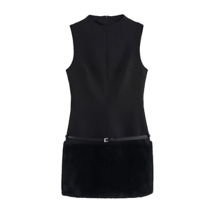 Sleeveless Mini Dress Sexy Bodycon Round Neck Elegant Faux Fur Trim Patchwork With Belt Party Night Out Polyester