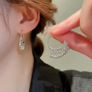 Retro Silver Alloy C-Shaped Hoop Earrings With Waterdrop Tassel Pendants Bohemian Style Ear Hooks For Women