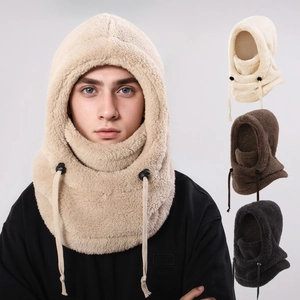 Plush balaclava hood with drawstring for winter warmth, available in multiple colors