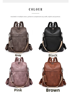 Macro detail of vintage leather textures and stylish tassel charm on women's backpacks