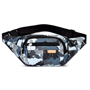 Waterproof tactical sports waist bag with black gray blue camo geometric pattern