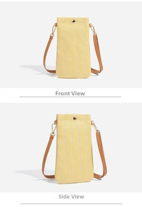 Front and side view of yellow woven straw mobile phone bag with brown strap