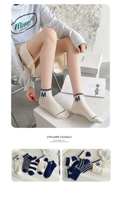 Close-up of blue striped cotton ankle socks with letter embroidery on white fabric