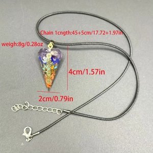 Chakra gemstone resin cone pendant with black cord necklace and size specifications