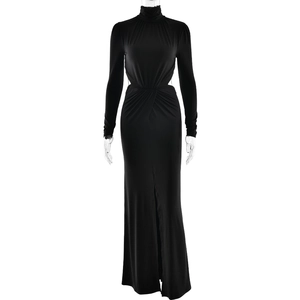 Elegant black turtleneck long sleeve maxi dress with side cut-out and high slit detail