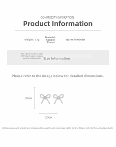 Detail specifications of zircon bow earrings with 2.5cm size and silver needle parameters