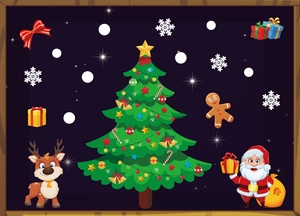 Detailed view of Christmas window clings featuring Santa, reindeer and tree decorations