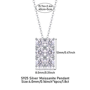 Detail view of S925 silver necklace with 1.8ct moissanite pendant and size dimensions