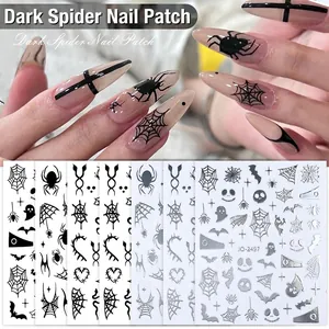 Halloween 3D Nail Art Stickers Gothic Dark Spider Web Bat Skull Black Silver Metallic Adhesive Decals Women Manicure