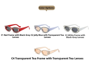 Close-up of cat-eye sunglasses collection with sparkling rhinestone and pearl embellishments