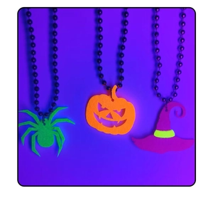 Neon Halloween felt necklaces featuring spider, pumpkin and witch hat with beads