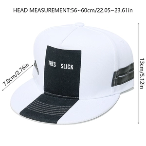 Detailed size specifications for the black and white TRES SLICK flat brim baseball cap